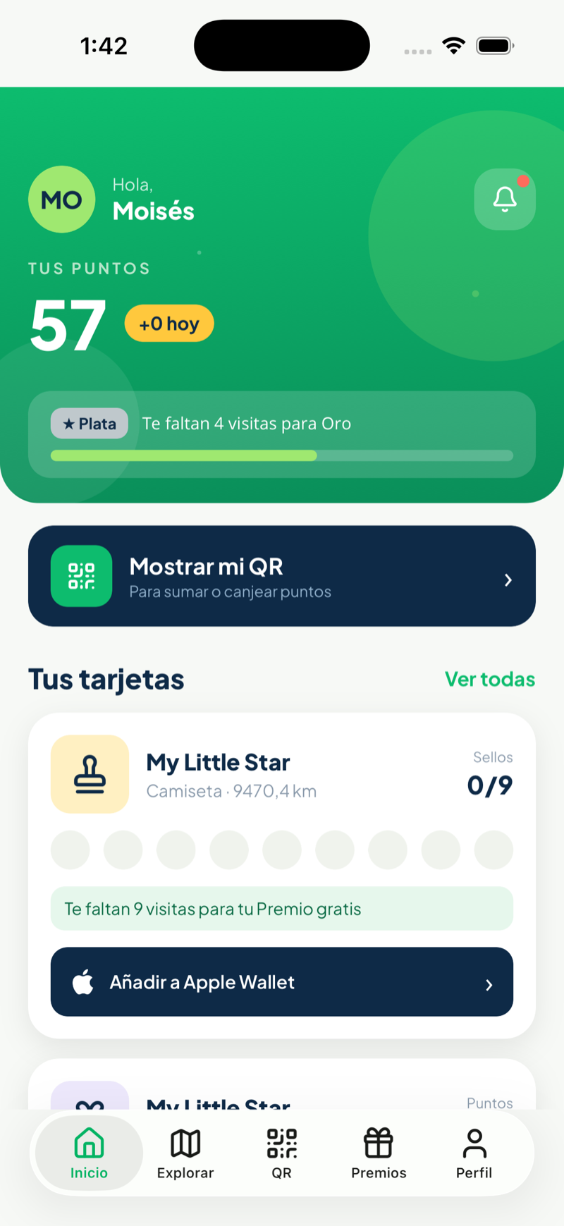 Inicio de la app: tus puntos y tarjetas